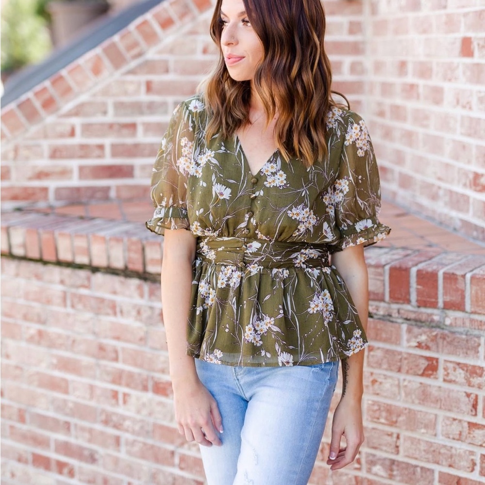 Collective Concepts Olive Floral Blouse
